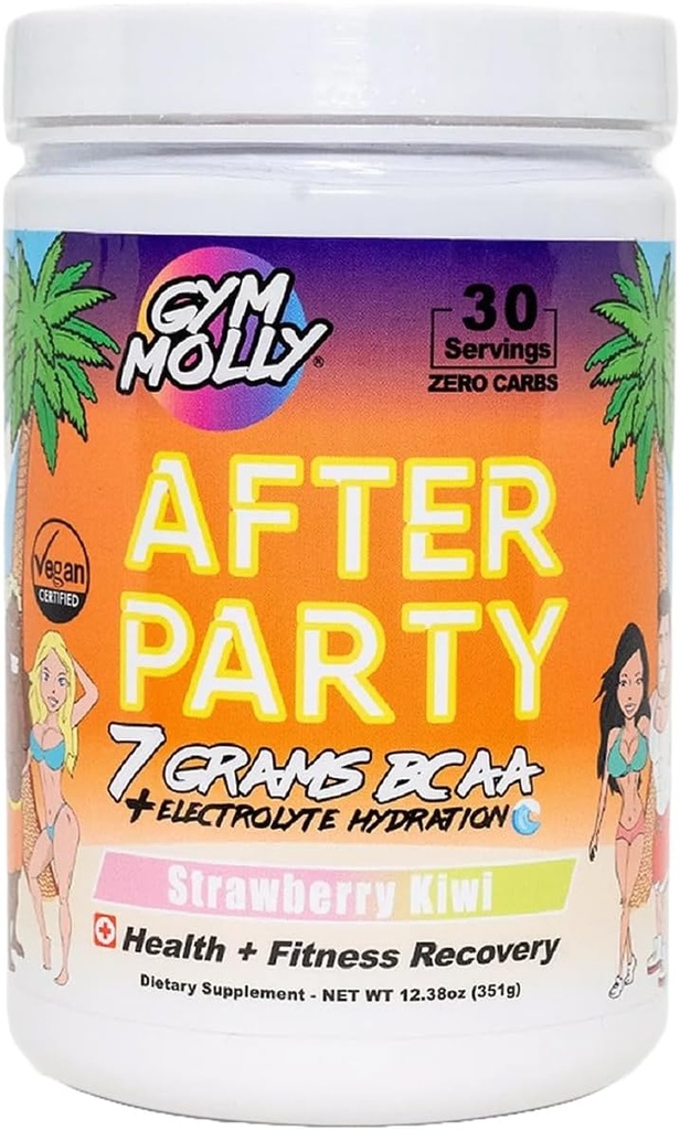 Gym Molly After Party Vegan BCAA Powder, Electrolyte Powder, BCAA Amino Acids After Post Workout Recovery Drink, Zero Carbs, Zero Sugar, 35 Calories Caffeine-Free (Strawberry Kiwi)