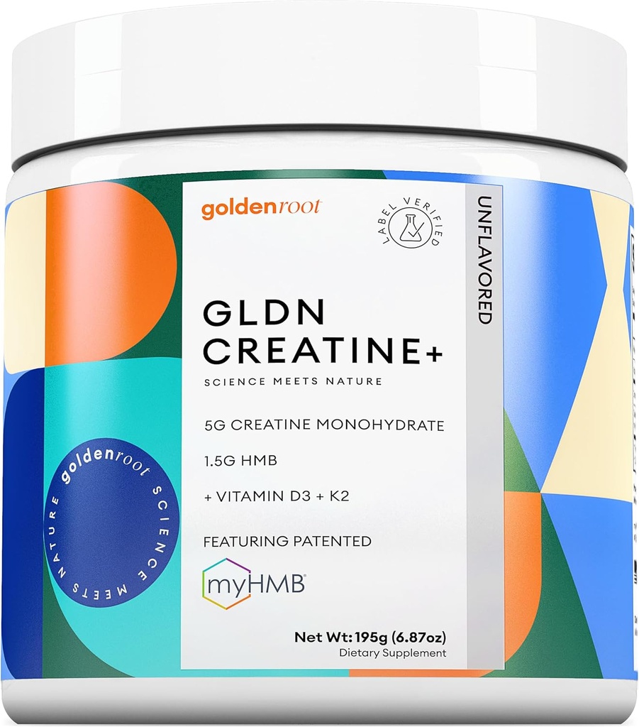 GoldenRoot GLDN Creatine - Creatine Monohydrate with HMB for sustained Muscle Support and Recovery with Vitamin D3 and K2 for Bone and Joint Health - Unflavored - 30 Servings (1)