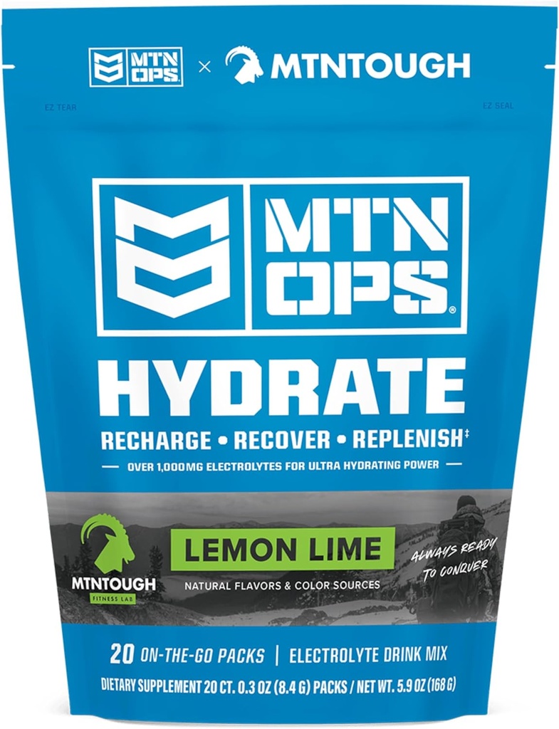 MTN OPS Hydrate Electrolytes Powder Drink Mix, 20 Single Serving On-The-Go Electrolyte Packs with Over 1000mg of Electrolytes per Serving, Lemon Lime