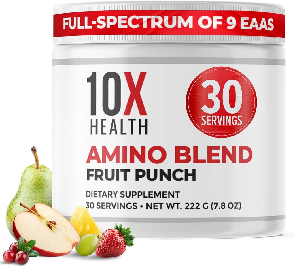 10X Health Amino Acids - 30 Servings of EAA & BCAA Powder, Pre Workout BCAA with Essential Amino Acids Supplement - BCAAs & EAAs for Longevity, Muscle Support, Strength, Energy - Fruit Punch