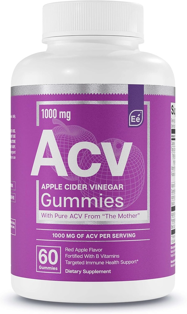 Essential Elements Apple Cider Vinegar Gummies from The Mother - Naturally-Sourced, Vegan ACV with Folic Acid and Vitamin B6 & B12 60 Count