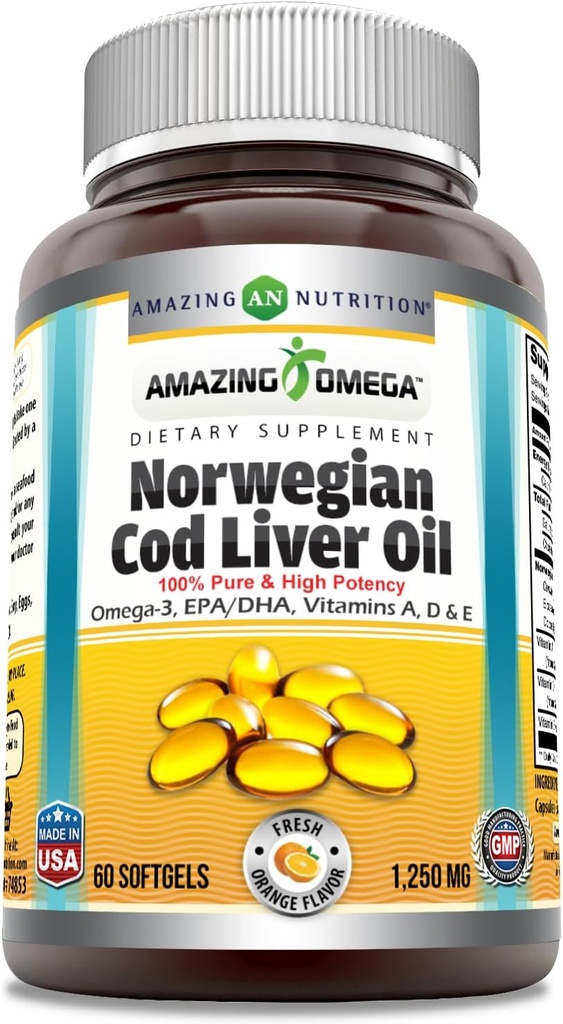 Amazing Omega Norwegian Cod Liver Oil 1250 Mg Softgels Supplement | Omega-3, EPA, DHA, Vitamin A, Vitamin D & Vitamin E (Orange | 60 Count)