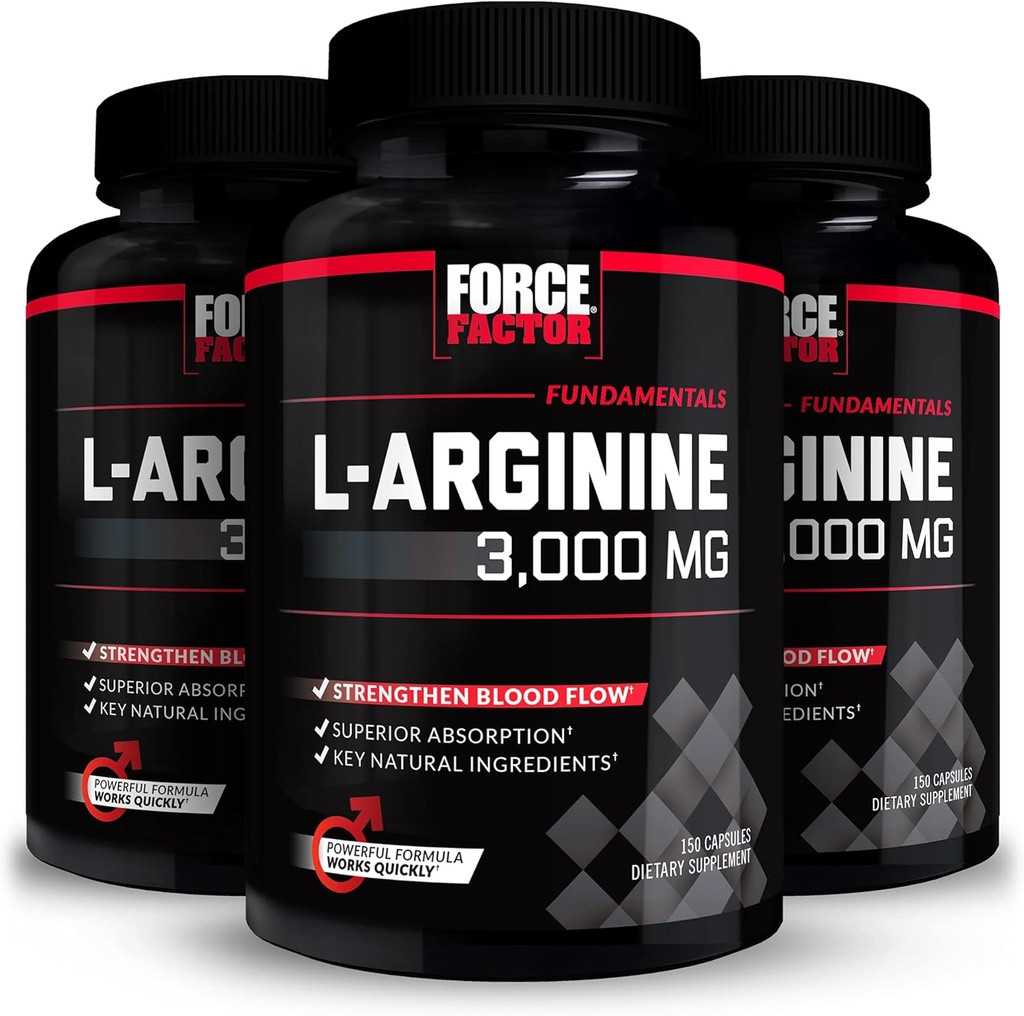 Force Factor L-Arginine,3-Pack,Nitric Oxide Supplement with BioPerine to Help Build Muscle & Support Stronger Blood Flow,Circulation,Nutrient Delivery,& Pumps,L-Arginine 3000mg,3g,450 Capsules