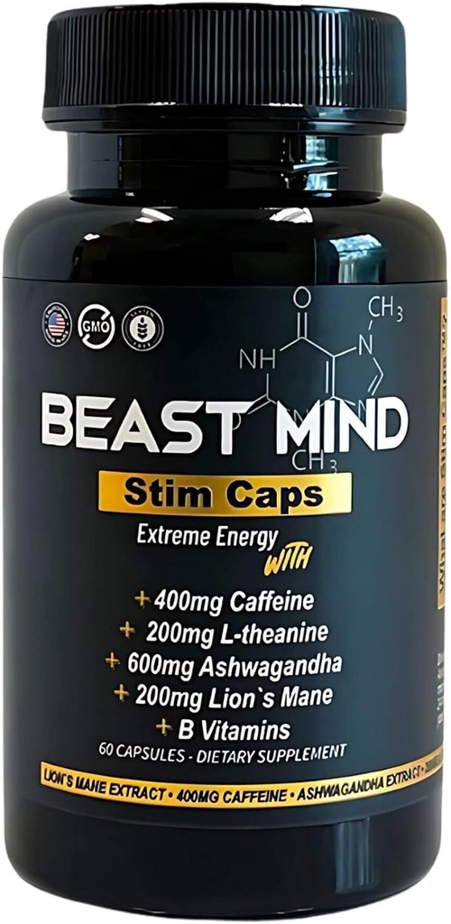 Extreme Energy Pills | 400mg Caffeine | 600mg Ashwagandha | 200mg Lions Mane | Increased Energy & Focus & Mood by Beast Mind