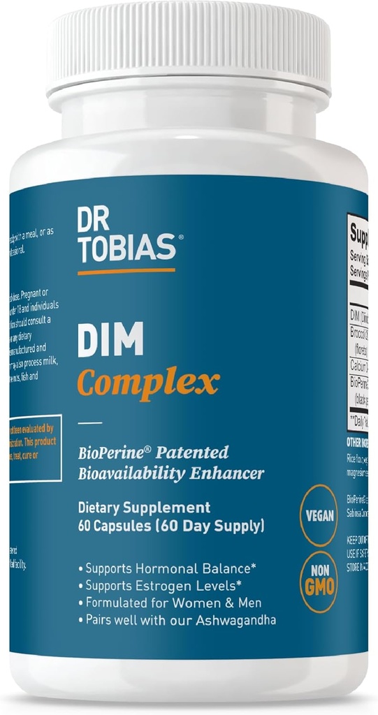 Dr. Tobias DIM Complex, Hormone Balance for Women & Men, DIM Supplement with BioPerine, Broccoli Extract & Calcium D-Glucarate Estrogen Detox Balance Complex, Non-GMO, Vegan, 60 Capsules