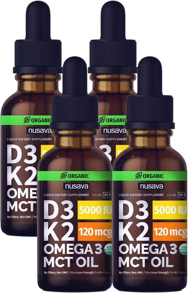 (4 Pack) Organic Vitamin D3 K2 Drops with MCT Oil Omega 3, 5000 IU - Maximum Strength Vitamin D Liquid, No Fillers, Non-GMO Liquid D3 for Faster Absorption and Immune Support, Unflavored, 4 Fl Oz