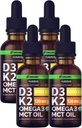 (4 Pack) Organic Vitamin D3 K2 Drops with MCT Oil Omega 3, 5000 IU - Maximum Strength Vitamin D Liquid, No Fillers, Non-GMO Liquid D3 for Faster Absorption and Immune Support, Unflavored, 4 Fl Oz