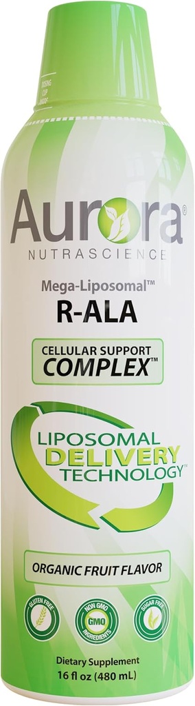 Aurora Nutrascience Mega-Liposomal R-ALA Cellular Support Complex, 200mg R-Alpha Lipoic Acid, Gluten Free, Non-GMO, Sugar Free, Organic, Fruit Flavor, 32 Servings, 16 fl oz