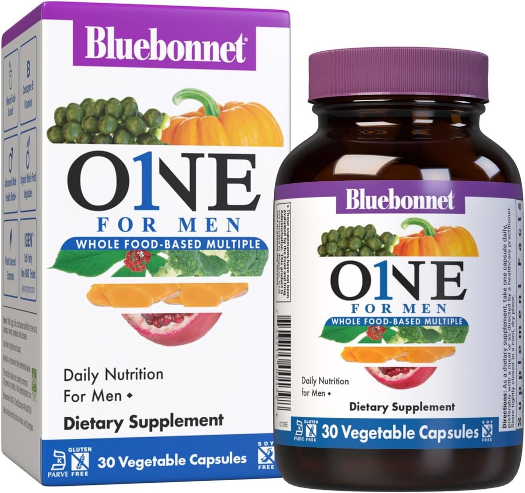Bluebonnet Nutrition One for Men Whole Food-Based Multiple, Daily Nutrition*, Non-GMO, Vegetarian Friendly, Kosher, Gluten-Free, Soy-Free, Dairy-Free, Iron Free, 30 Vegetable Capsules, 30 Servings