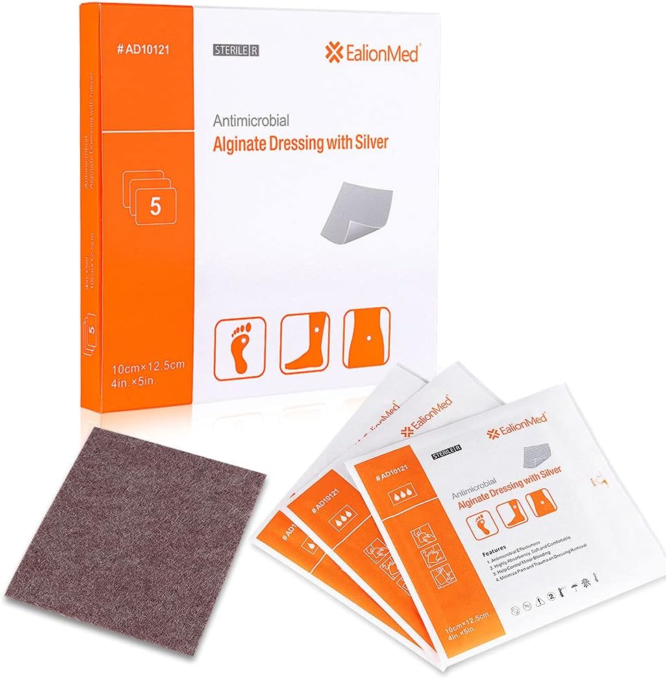 Silver Calcium Alginate Wound Dressing Pad, 4’’x5’’ Patch, High Absorbency Non-Stick Ag Gauze for Pressure Ulcer,Bed Sore,Leg Sore,Diabetic Foot Ulcer, 5 Packs