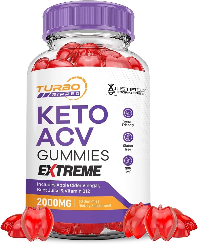 Justified Laboratories Turbo Ripped Keto ACV Gummies Extreme 2000MG Turbo Ripped Keto Gummies Apple Cider Vinegar Formulated with Pomegranate Beet Juice Powder B12 Vegan Non GMO 60 Gummys