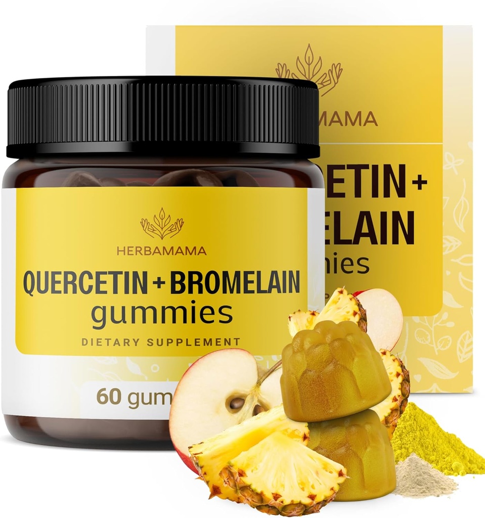 HERBAMAMA Quercetin with Bromelain Gummies - 800mg Bromelain and Quercetin for Respiratory System Support - Vegan, Non-GMO Immune Support Supplement - 60 Pectin-Based Apple-Flavored Chews