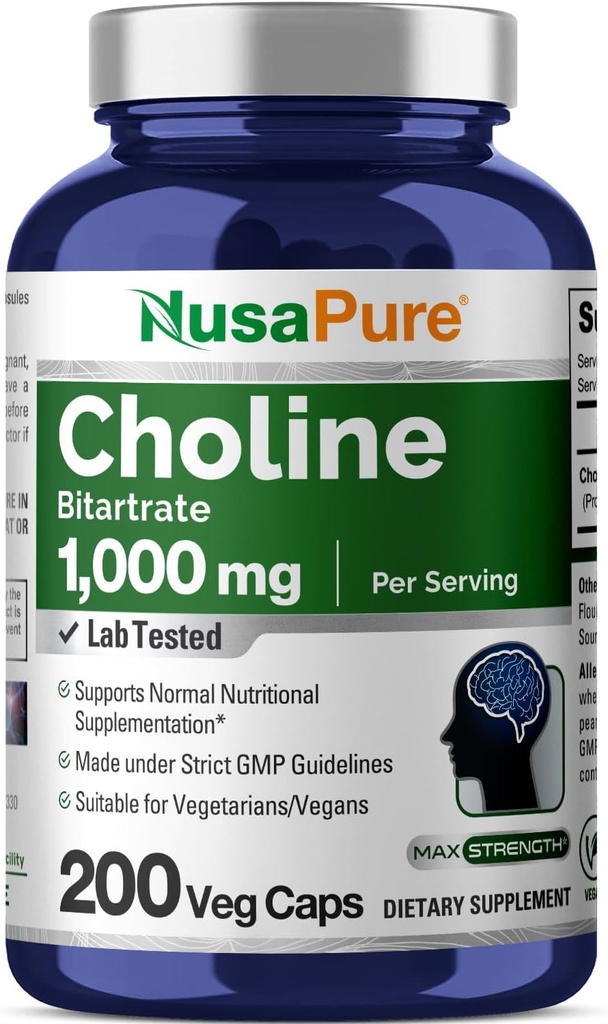 NusaPure Choline Bitartrate - Suitable for Vegetarian/Vegan, Non - GMO - 1000 mg 200 Capsules