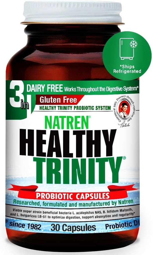 Natren Healthy Trinity Probiotics Supplement - 30 Dairy and Gluten Free Gel Capsules - Improve Gut and Digestive Health, 30 Billion CFU - Lactobacillus Acidophilus, Bifidobacterium, Bulgaricus