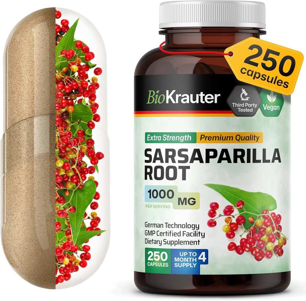 BIO KRAUTER Sarsaparilla Root Capsules - 1000 mg Strength - 250 Vegan Sarsaparilla Extract Caps - No Fillers