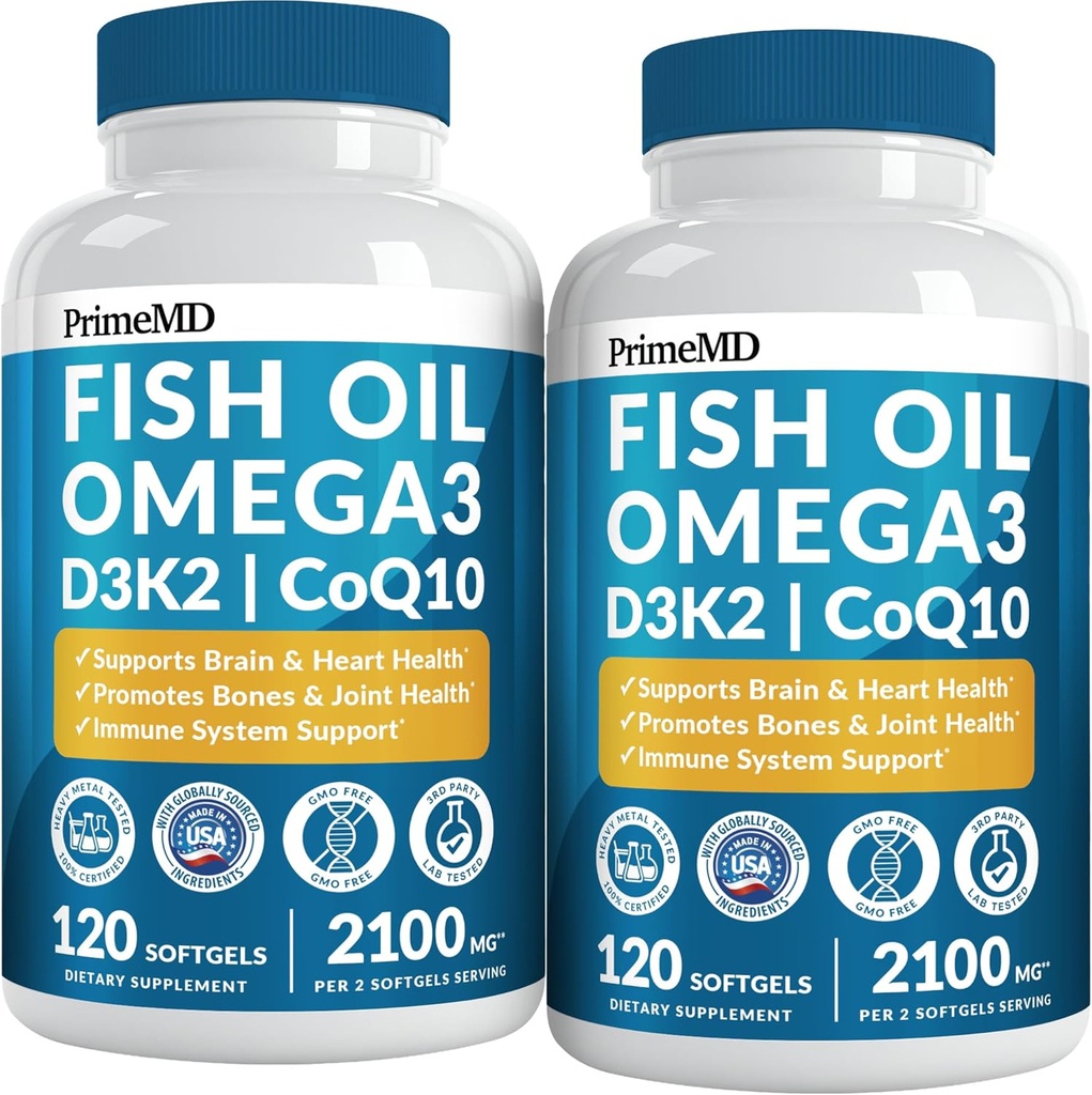 5-in-1 Fish Oil Omega 3 Supplements (2100mg) - Fish Oil with Vitamins D3 & K2 and CoQ10 - EPA DHA Omega 3 Supplement - Lemon Flavored Fatty Acid Supplements, Pack of 2