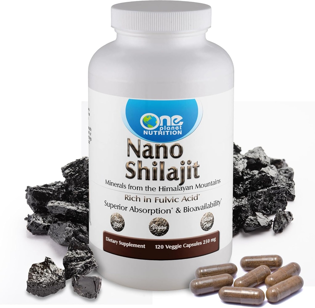 One Planet Nutrition Nano Shilajit 250 mg Veggie Capsules (120 Servings), 40-60% Fulvic Acid, Nano for Enhanced Absorption, Rich in Minerals, Non-GMO, Vegan, Gluten Free