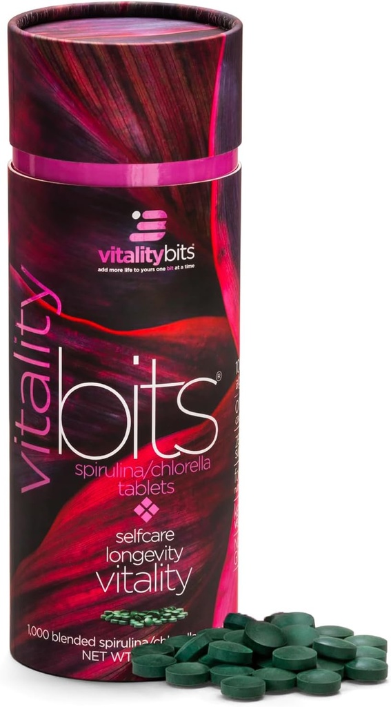 VITALITYbits - Organic Blended Spirulina & Chlorella Tablets - Algae Superfood - Energy, Self Care, Beauty - Replace Greens, Supplements, Protein, Snacks - Vegan, Keto, Gluten Free - 1000 Tablets Can