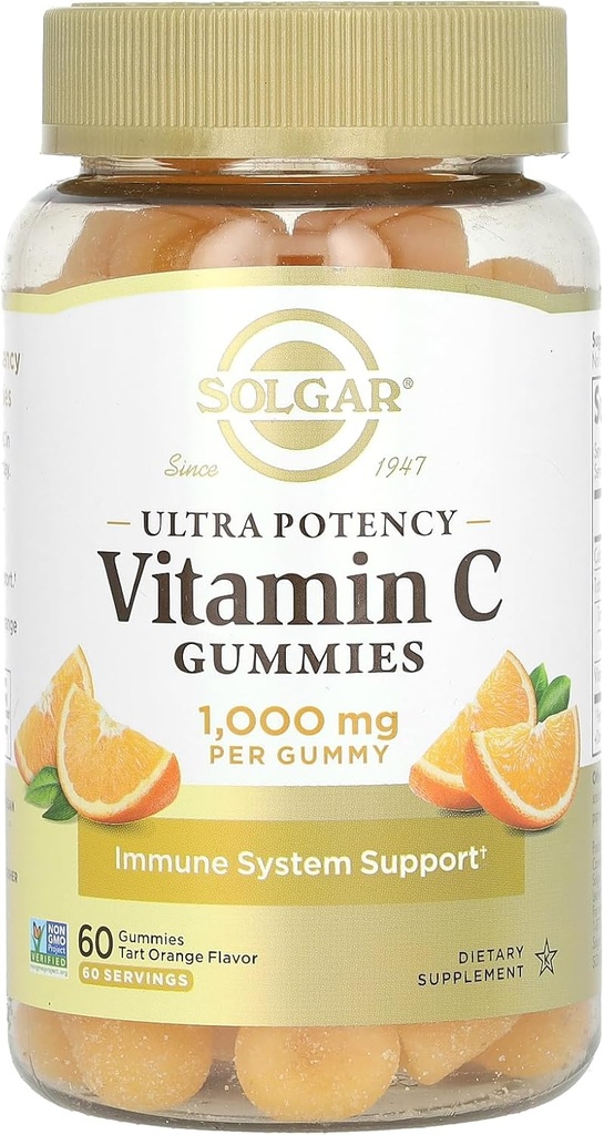Solgar Vitamin C Gummies for Adults 1,000mg Ultra Potency Vitamin C Immune System Support for Women & Men - Tasty Tart Orange Flavor, Vegan & Gluten-Free Gummy, 2 Month Supply, 60 Servings, 2g Sugar