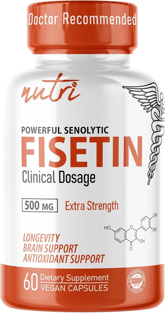 Nutri Fisetin 500mg 60 Count - Clinical Dosage - Fisetin Supplements - Powerful Senolytic Activator, Antioxidant, Heart & Brain Support - Natural Polyphenols - 60 Count - 3rd Party Tested for Purity