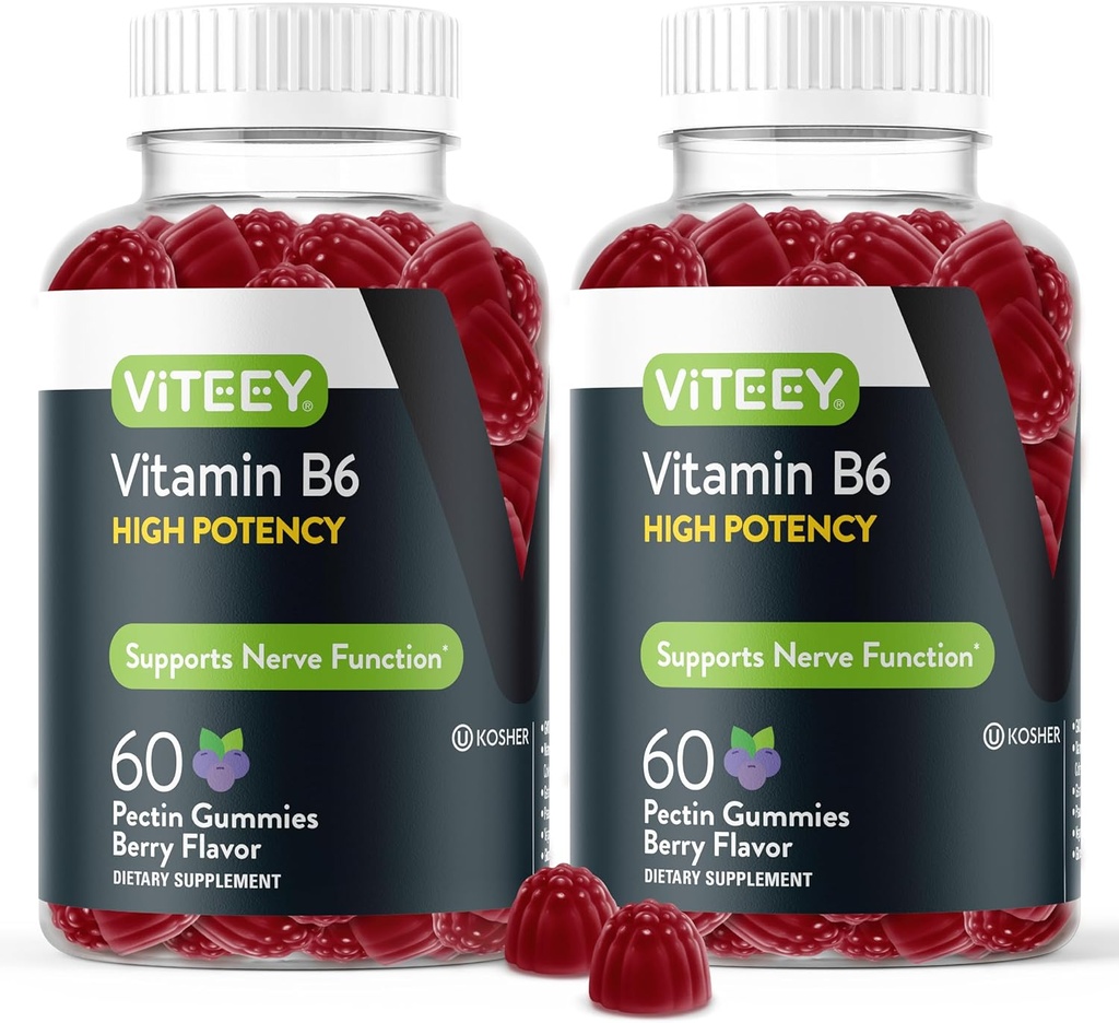 Viteey Vitamin B6 Gummies - Energy, Nerve & Mood Support - B6 Vitamins 100mg - Vegan, Gluten Free, GMO Free - 120 Count