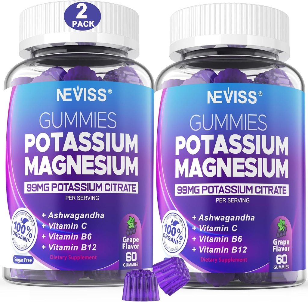 Potassium Magnesium Gummies - Potassium Supplement w/Ashwagandha 200mg, Magnesium Glycinate,B6,B12,P-otassium Citrate for Leg Cramps,Muscle,Electroyte for Adults Kids,Sugar-Free, 2 Pack