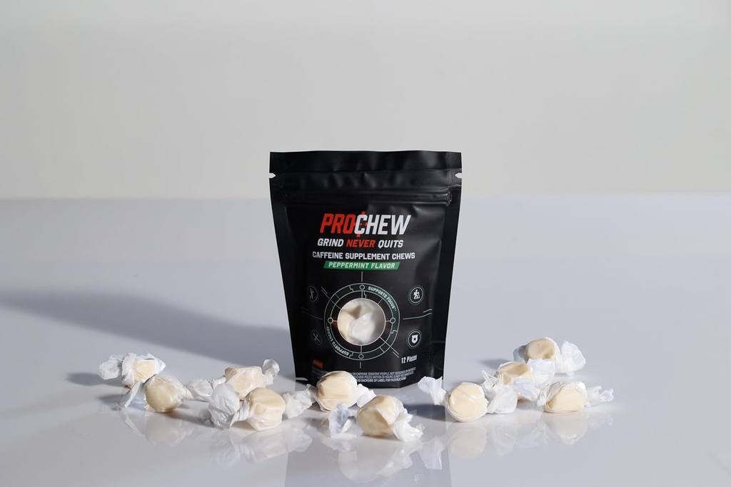 Caffeine Infused Taffy & Energy Supplement for Adults [Pack of 12] Chewable Protein with 125mg Caffeine, Peppermint Flavor