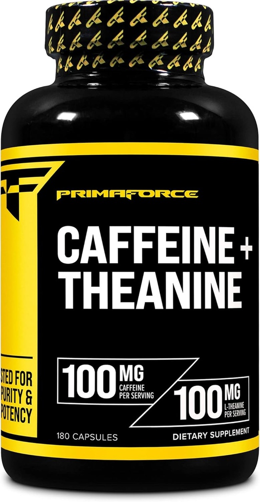Primaforce Caffeine with L-Theanine, 100mg of Each, 180 Capsules, 180 Servings - Non-GMO, Soy Free, and Gluten Free