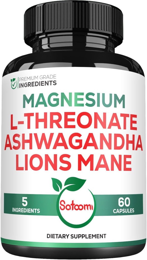 Satoomi 5in1 Magnesium L-Threonate with Mangesium Glycinate, Ashwagandha, Chelate & Lions Mane - 60 Capsules