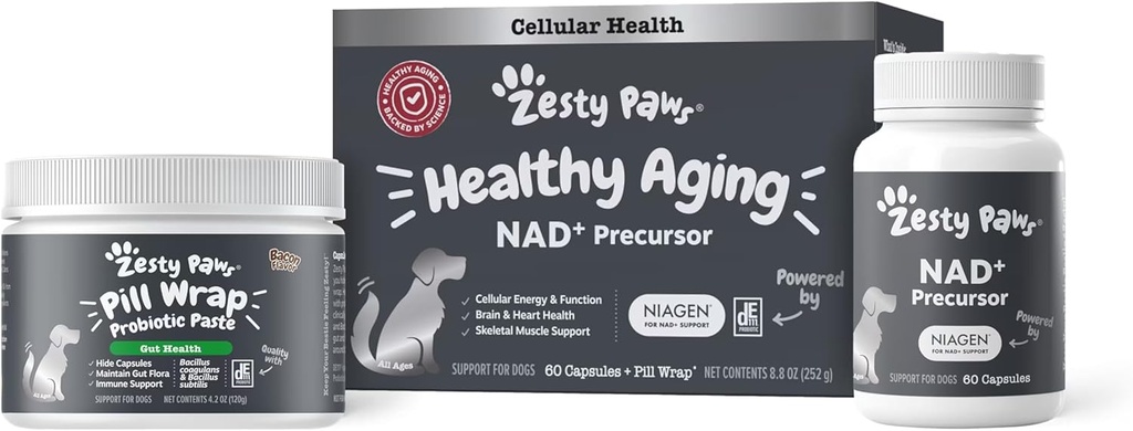 Zesty Paws NAD+ Precursor Supplement for Dogs - Niagen for Healthy Aging & Skeletal Muscle Support & Recovery - Brain, Heart, & Cellular Energy Support - Nicotinamide Riboside Chloride - 60 Capsules