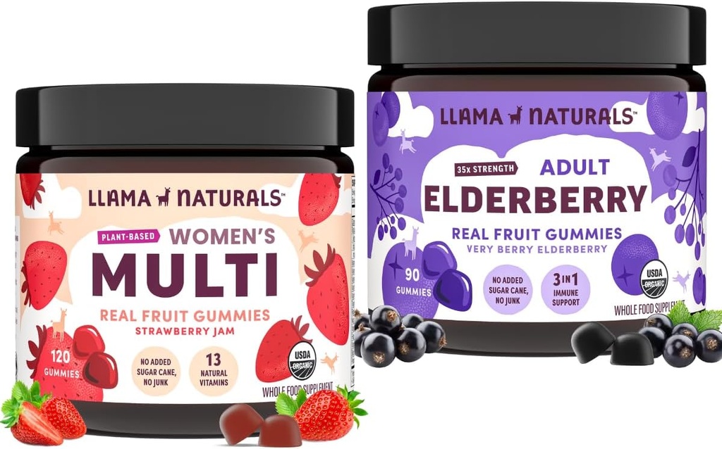 Llama Naturals Adult Elderberry Gummies + Women's Multivitamin Gummies Bundle | No Added Sugar Cane | Vegan | Organic | 2 Bottles