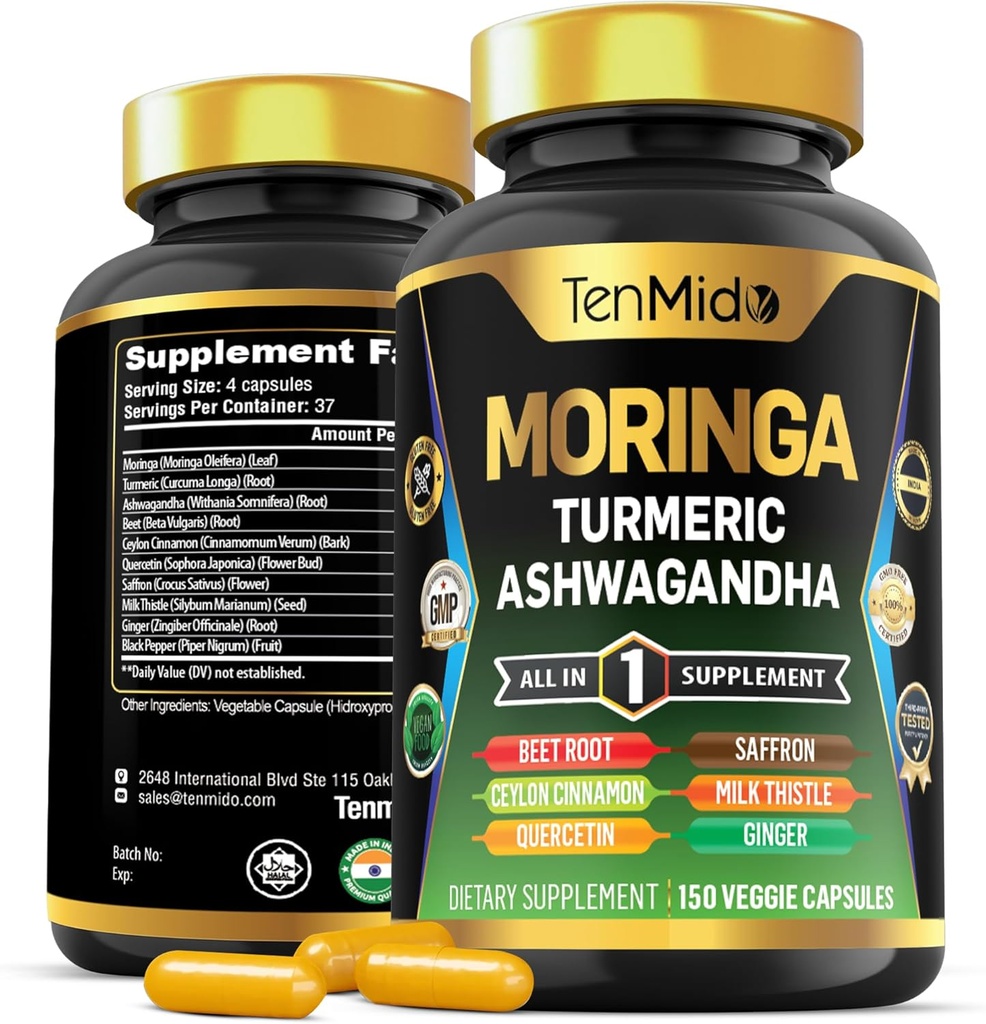 Moringa Oleifera Supplement for Men and Women, 10in1 Formula with Turmeric, Ashwagandha, Ceylon Cinnamon, Beet Root, Saffron & More - Energy, Immune Support - Nutrient Rich - 150 Capsules