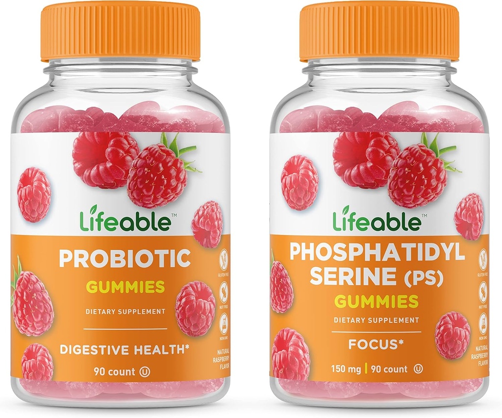 Lifeable Phosphatidylserine (PS) + Probiotic 2 Billion CFU, Gummies Bundle - Great Tasting, Vitamin Supplement, Gluten Free, GMO Free, Chewable Gummy
