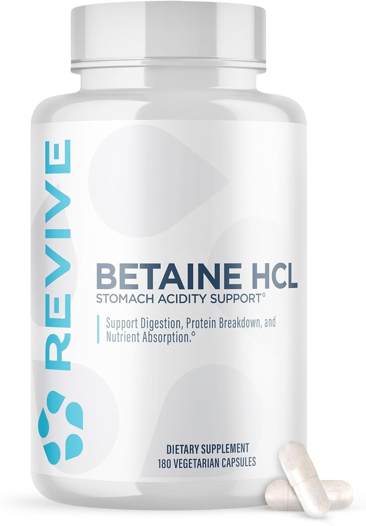 Revive MD Betaine HCL with Pepsin Digestive Enzymes, 180 Vegetarian Capsules - Betaine Hydrochloride Supplement Supports Healthy Digestion & Nutrient Absorption - Helps with Stomach Acid Levels