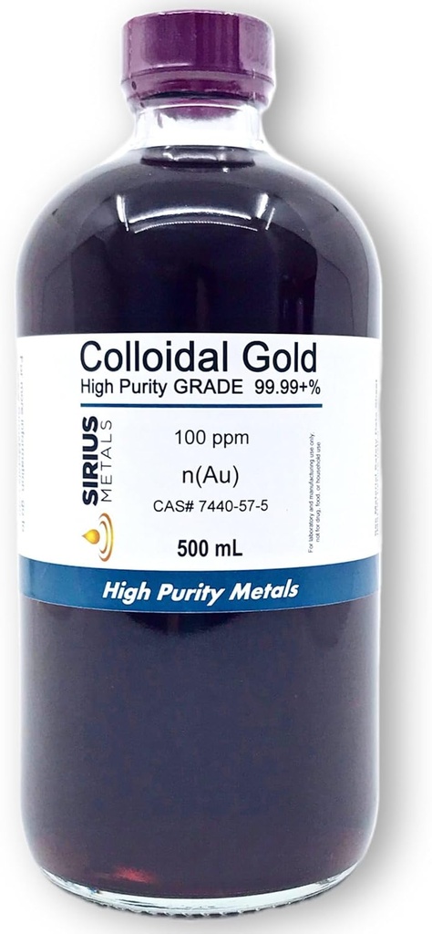 True Colloidal Gold (100 ppm) - 99.99+% Purity - 500 mL (16.9 Fl Oz) in a Clear Glass Bottle