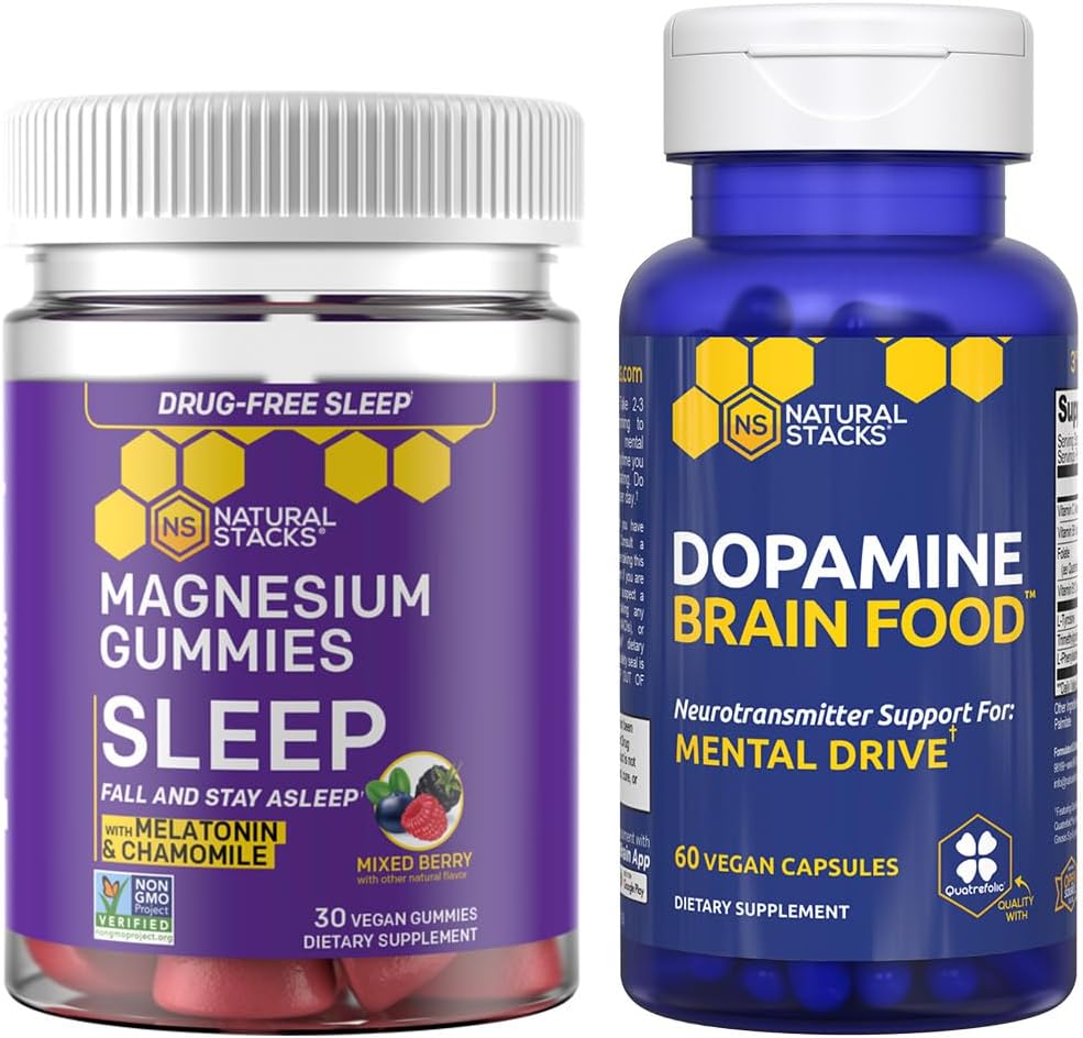 NATURAL STACKS Dopamine Brain Food + Sleep Magnesium Gummies Bundle - Supports Mental Drive & Sleep* - 90 Total Pieces