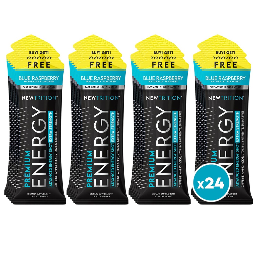NewTrition® Extra Strength Energy Shots, 1.7 fl oz (Pack of 24, Blue Raspberry flavor) - 250mg Caffeine with Vitamin B & Amino Acids, Sugar-Free, Zero Calorie Vitamin Energy Drink for Focus & Endurance