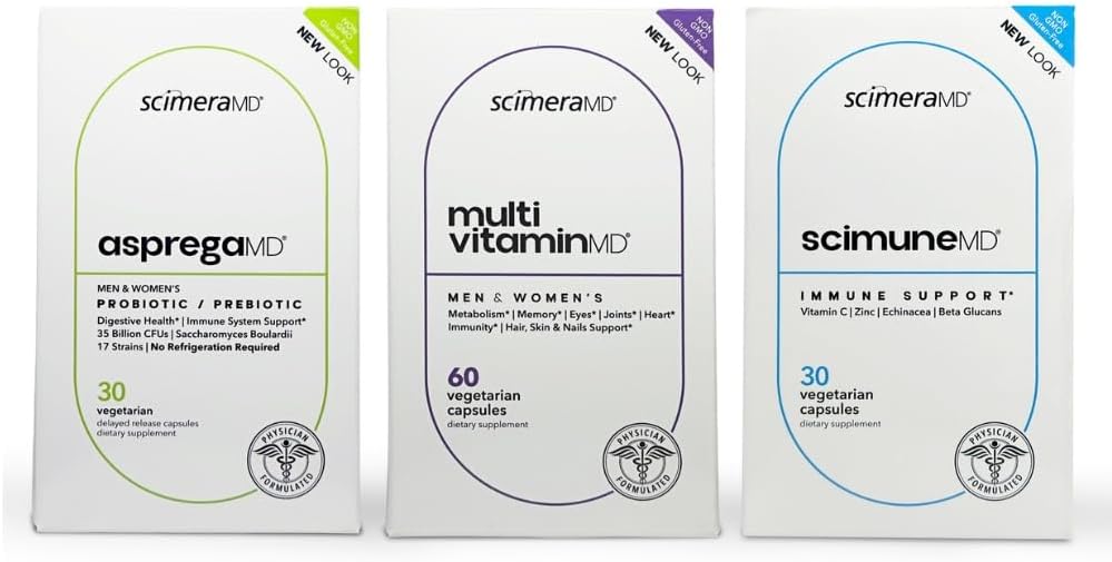 ScimeraMD® AspregaMD 30CT Probiotic + Prebiotic, ScimeraMD® ScimuneMD 30CT Immune Support and ScimeraMD® MultivitaminMD Multiminerals for Digestive Health, Immune System Support and Wellness Support