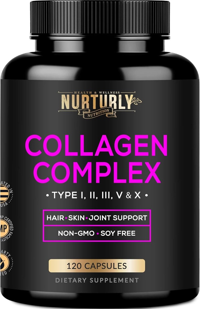 Multi Collagen Peptides Powder Capsules - Hydrolyzed Collagen Peptides Types (I, II, III, V & X) - Collagen Supplements for Hair, Skin & Nails - 120 Capsules