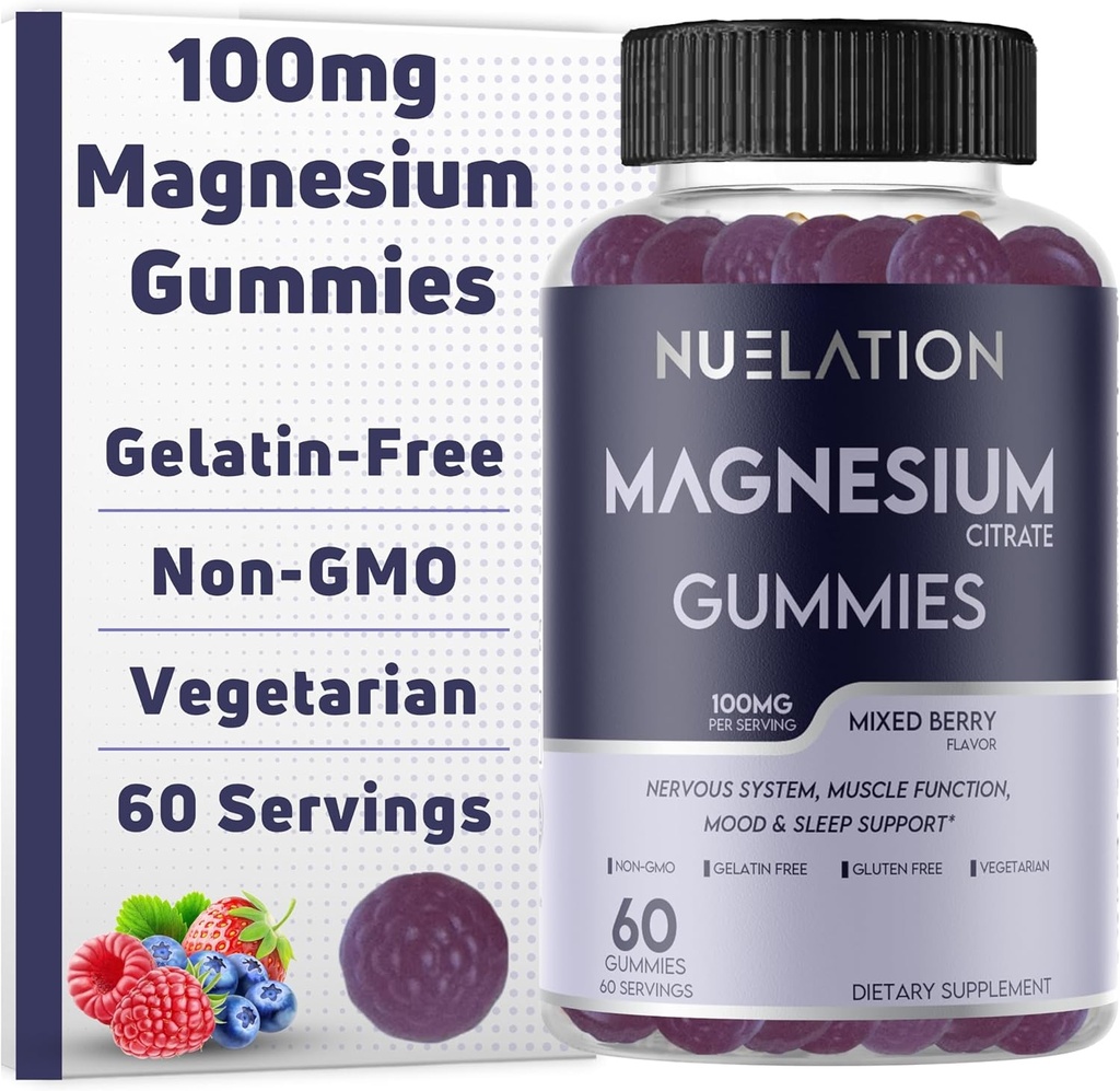 Magnesium Citrate Gummies 100mg 60 Servings. Mixed Berry Flavor Magnesium Supplement. Calm Magnesium Gummies for Adults, Pure Magnesium Calm Gummies. Sleep, Mood & Muscle Functions Support