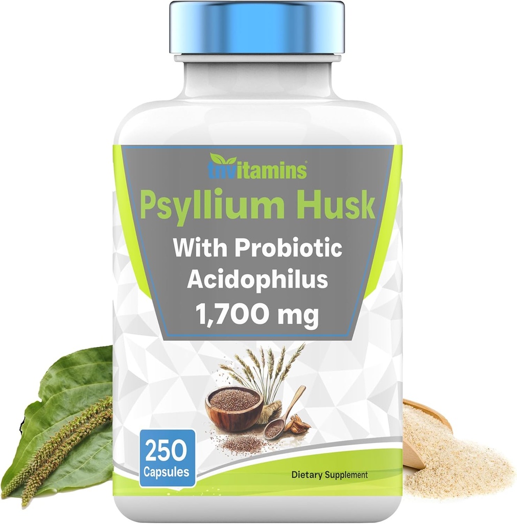 tnvitamins Psyllium Husk Capsules | 1700 MG - 250 Capsules | with Probiotic Acidophilus | Extra Strength Soluble & Dietary Fiber Supplement | Supports Digestive Health