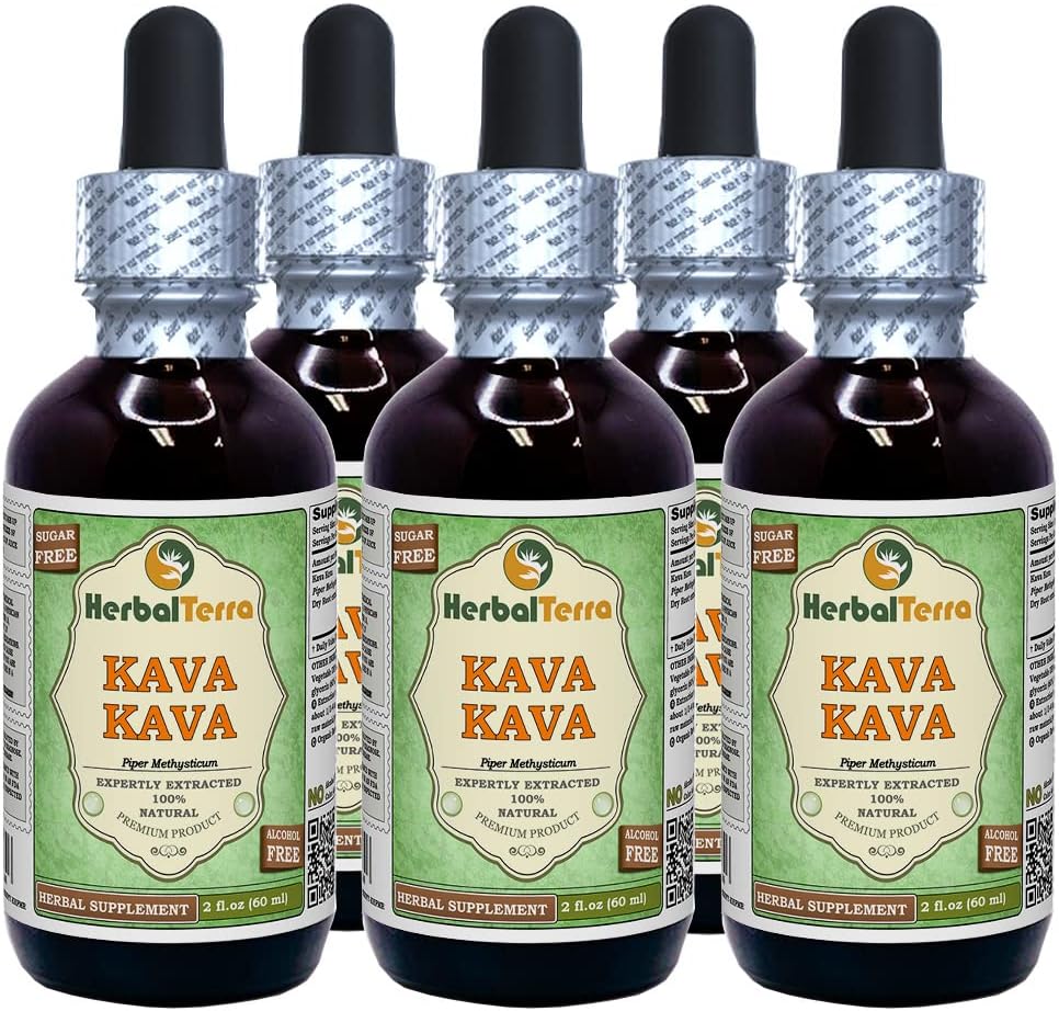 Kava Kava (Piper Methysticum) Glycerite, Dried Root Alcohol-Free Liquid Extract (Brand Name: HerbalTerra, Proudly Made in USA) 5x2 fl.oz (5x60 ml)
