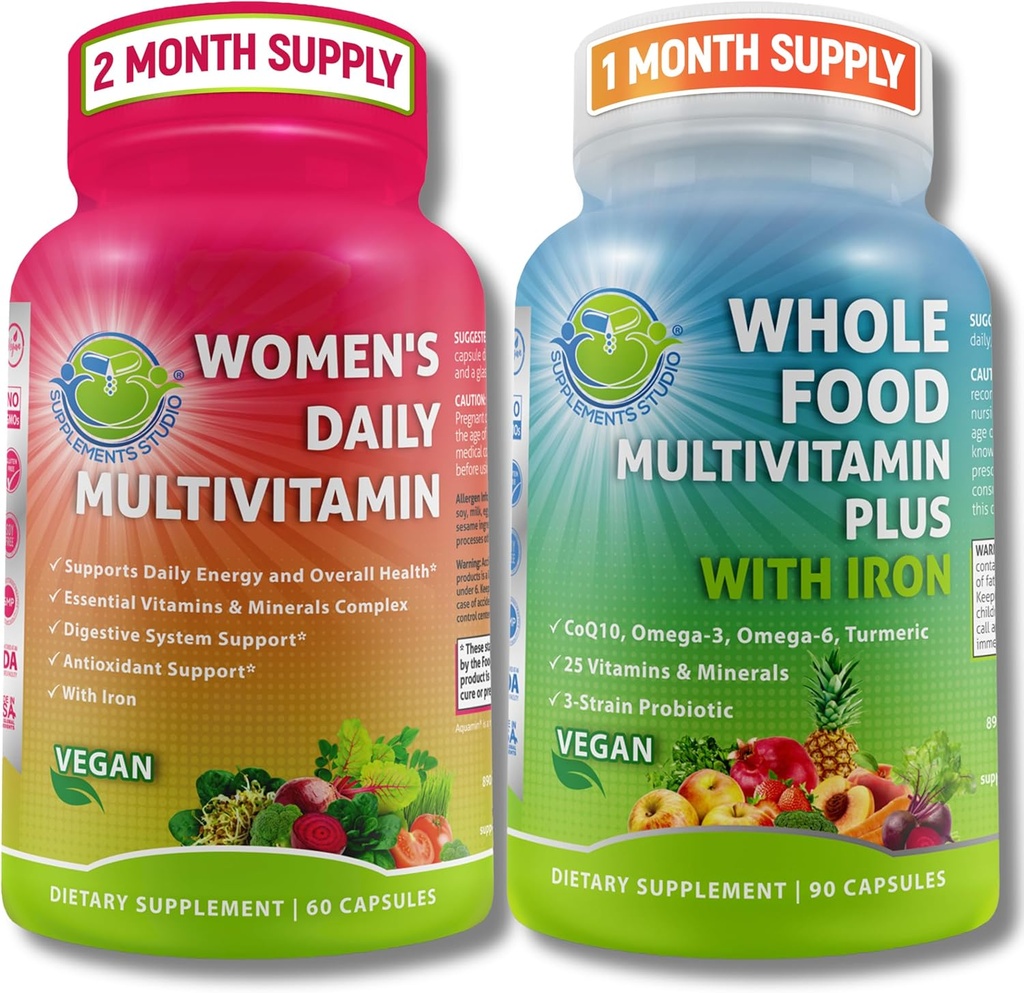 Vegan Whole Food Multivitamin with Iron & Women’s Daily Multivitamin with Iron, Organic Superfoods, Probiotics & Digestive Enzymes Bundle – Vegan, Non-GMO, Clean Daily Wellness Support