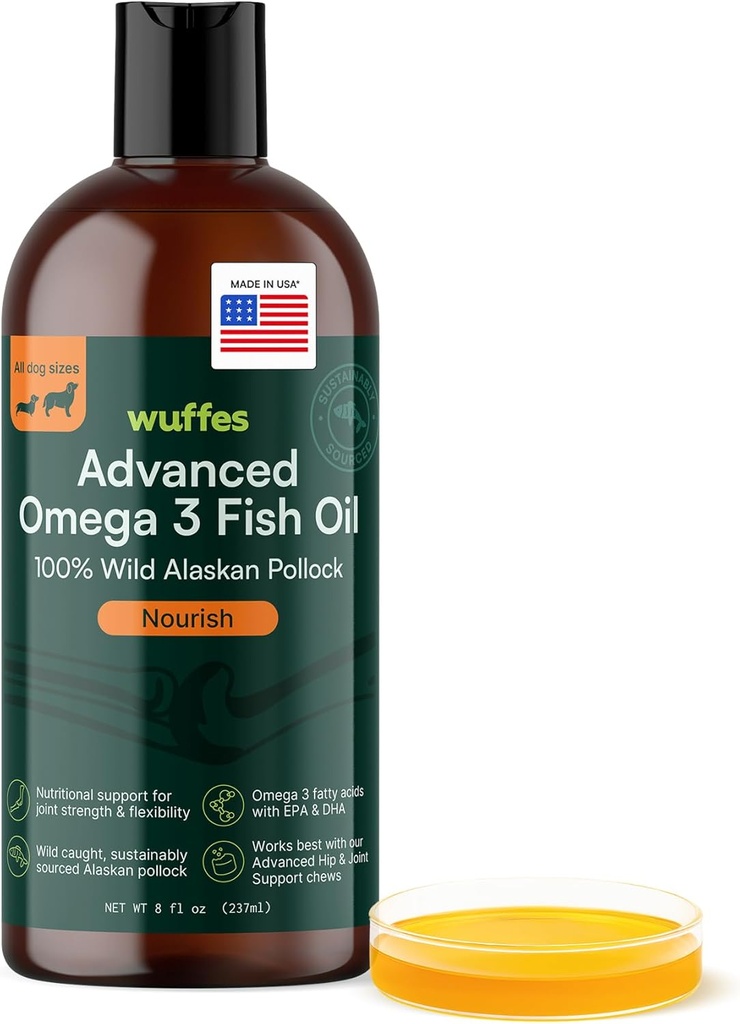 Wuffes Advanced Omega 3 Fish Oil for Dogs, Natural EPA & DHA Fatty Acids, Supports Healthy Skin and Coat, Joint Nutrition, Digestion & Immune System - 100% Pure Wild Alaskan Fish Oil - 8 Oz