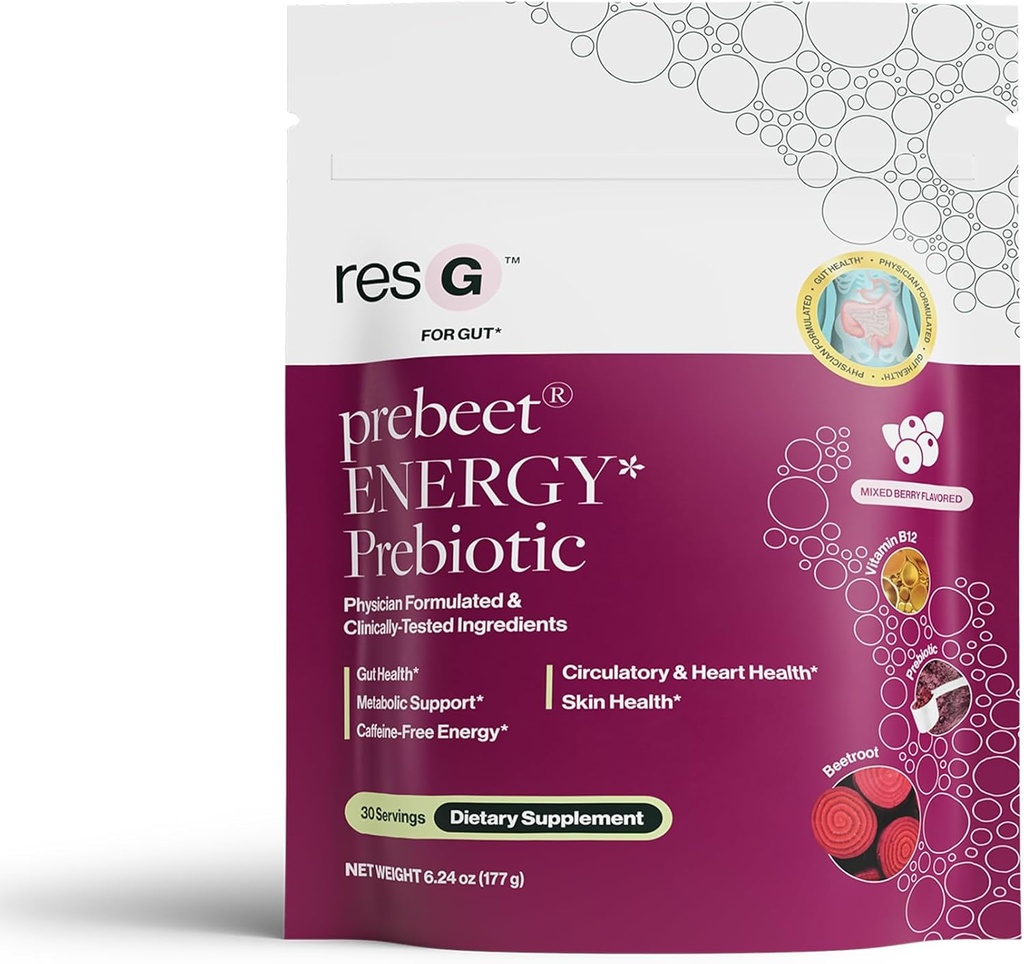 ResBiotic resG prebeet - Prebiotics Drink for Digestion, Occasional Constipation, Gas, Bloating with Akkermansia & GLP-1 Support w/Beet Root & Fiber, Gut Health for Women & Men - 180g (30 Servings)