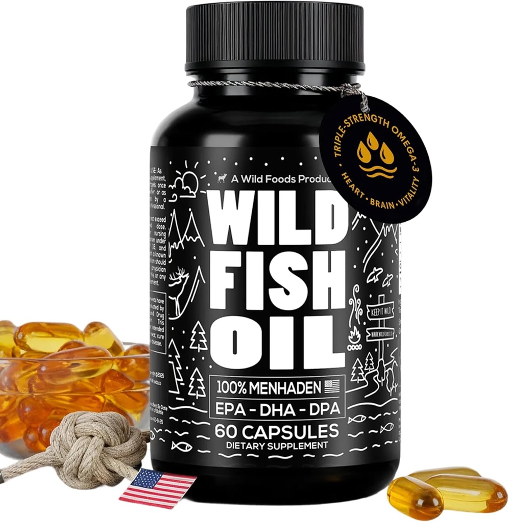 Wild Foods Fish Oil Omega 3 Supplements | 1600 mg | Highly-Potent: DPA, DHA, EPA | Burpless, Odorless, Non-GMO, Gluten Free | For Brain & Heart Health, Joint Support | 60 Capsules (1 pk) | 30 Servings