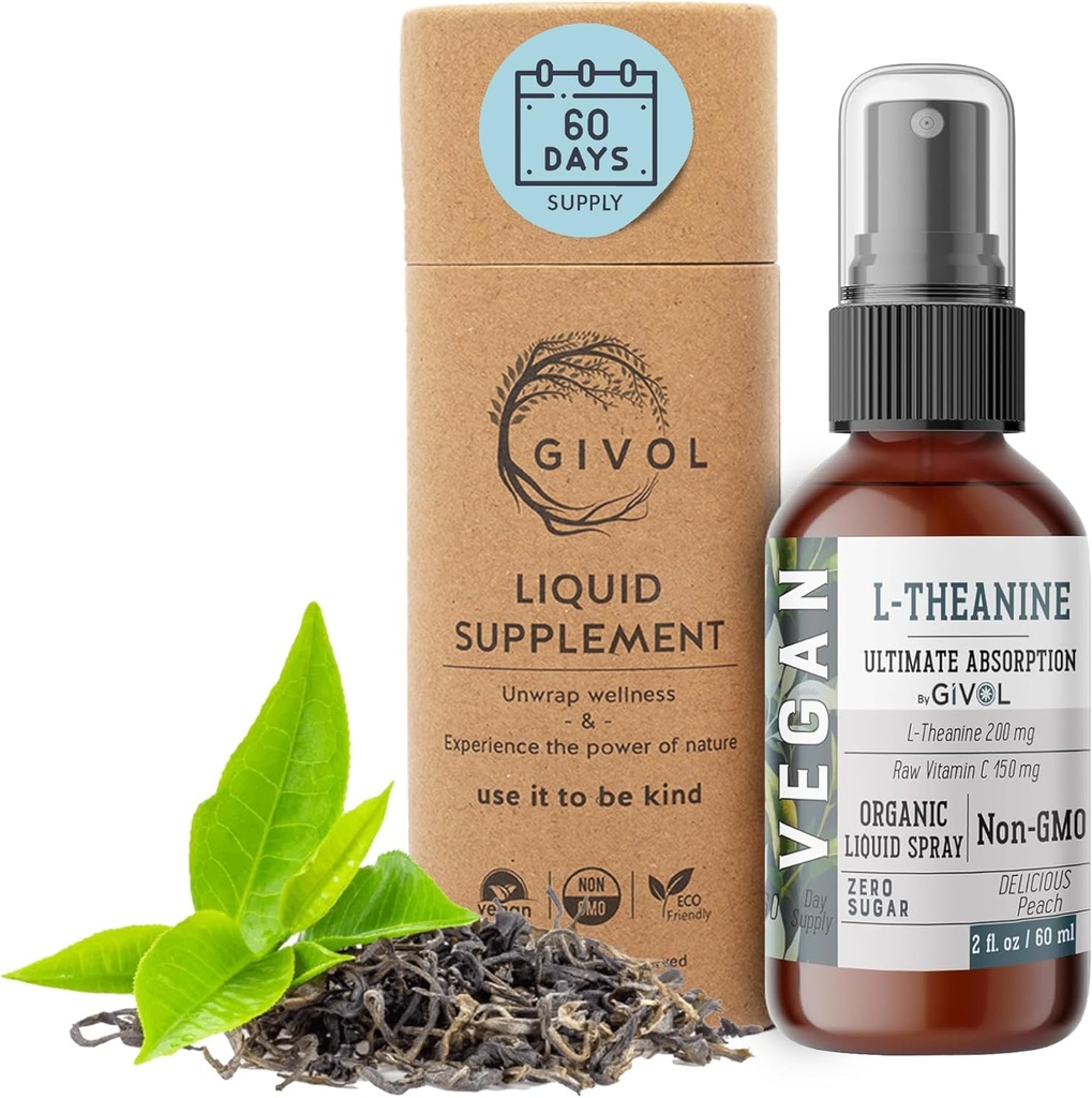 200mg L-Theanine & 150mg Vitamin C Liquid Spray for Kids & Adults - Real Peach Extract Flavor - Non-GMO, Gluten Free, Sugar Free, Alcohol Free, All Natural - 2 Fl Oz 60 Days Supply