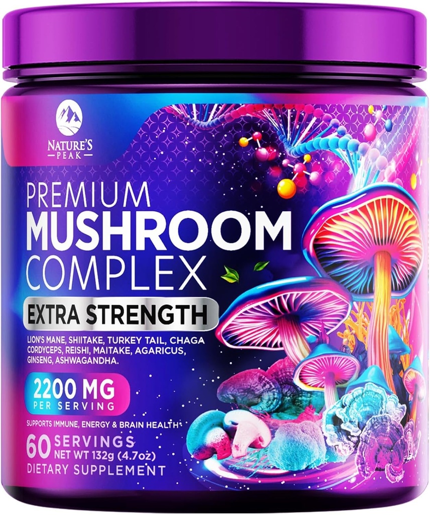 Mushroom Supplement Powder 2200mg - 11 in 1 Complex Formula Powder with Organic Lions Mane, Reishi, Cordyceps, Chaga, Turkey Tail Mushroom Extract Supplement for Memory & Brain Support - 60 Servings