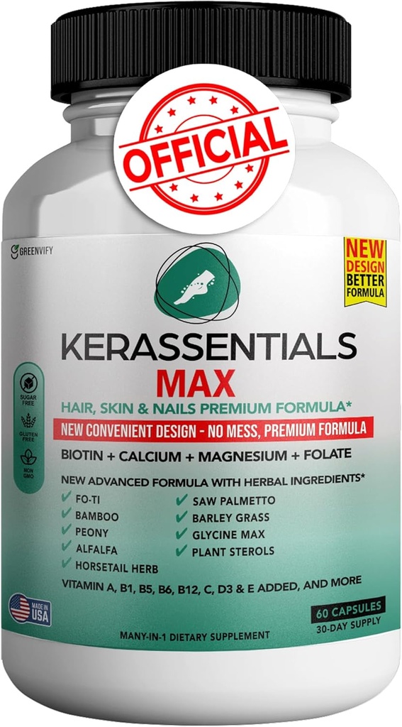Kerassentials Max - Hair, Skin & Nails Support Supplement | Biotin, Calcium, Magnesium, Folate & Herbal Blend | Premium Formula | 60 Capsules, Vegan & Gluten-Free