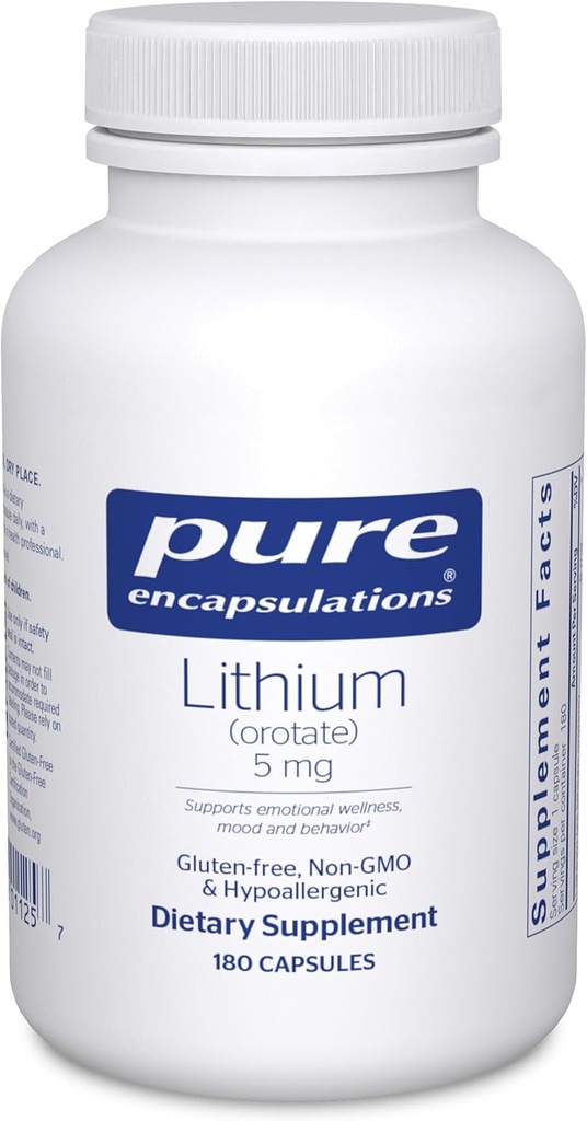 Pure Encapsulations Lithium Orotate 5 mg - Brain Support Supplement - with N-Acetyl-L-Cysteine (NAC) for Memory & Brain Behavior* - Gluten Free & Non-GMO - 180 Capsules